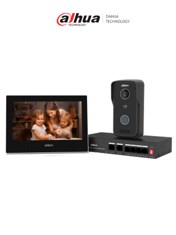 Kit de Videportero IP/ Monitor de 7 Pulgadas. Frente de Calle y Switch PoE/ 6&1 E&S de Alarma/ Frente de Calle IP65/ IR/ Apertura Remota / Switch de 4 Puertos PoE 10/100/ 2 Puertos Uplink/ Controla 1 Puerta/
