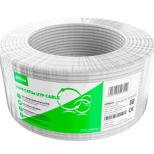 Bobina de 100 metros de cable UTP Cat 5e, fabricado con conductores de aluminio revestidos de cobre (CCA), en color blanco.
